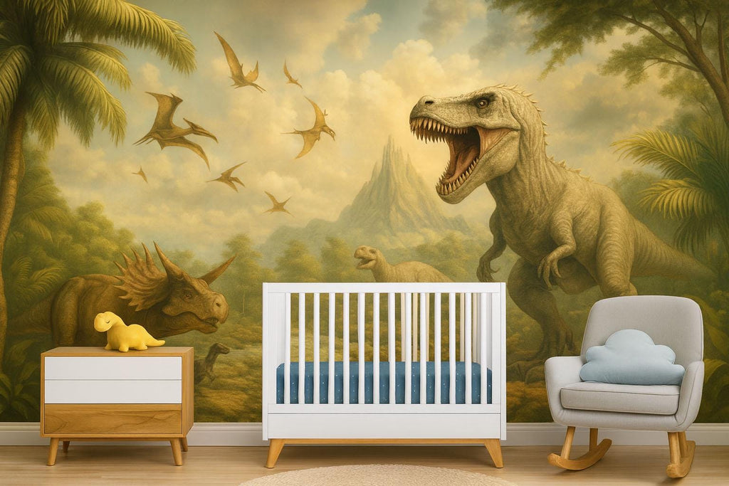 Dinosaur Nursery Wallpaper Mural | 3D T-Rex Jungle Wall Decor | Kids Room Dinosaur Wall Art | Prehistoric Dinosaur Wallpaper For Boys Girls
