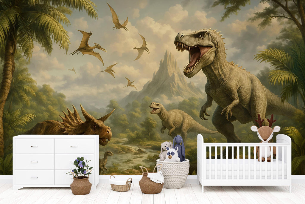 Dinosaur Nursery Wallpaper Mural | 3D T-Rex Jungle Wall Decor | Kids Room Dinosaur Wall Art | Prehistoric Dinosaur Wallpaper For Boys Girls