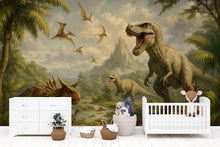Load image into Gallery viewer, Dinosaur Nursery Wallpaper Mural | 3D T-Rex Jungle Wall Decor | Kids Room Dinosaur Wall Art | Prehistoric Dinosaur Wallpaper For Boys Girls