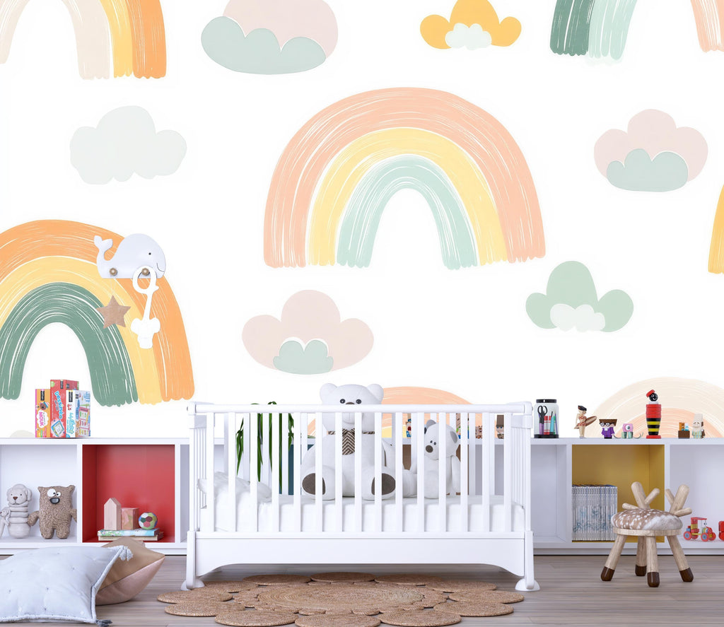 Rainbow Cloud Nursery Wallpaper, Hand Painted Pastel Kids Wall Mural, Peel and Stick Baby Room Decor, Gender Neutral Playroom Art, Modern