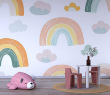 Load image into Gallery viewer, Rainbow Cloud Nursery Wallpaper, Hand Painted Pastel Kids Wall Mural, Peel and Stick Baby Room Decor, Gender Neutral Playroom Art, Modern