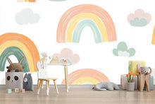 Load image into Gallery viewer, Rainbow Cloud Nursery Wallpaper, Hand Painted Pastel Kids Wall Mural, Peel and Stick Baby Room Decor, Gender Neutral Playroom Art, Modern