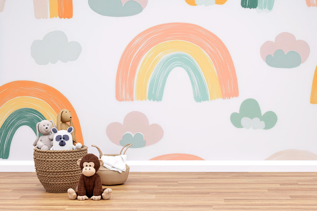 Rainbow Cloud Nursery Wallpaper, Hand Painted Pastel Kids Wall Mural, Peel and Stick Baby Room Decor, Gender Neutral Playroom Art, Modern