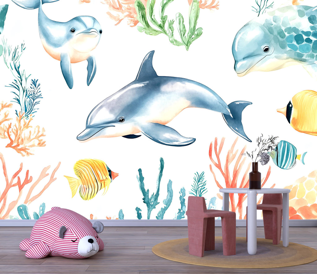 Dolphin Ocean Nursery Wallpaper, Underwater Sea Life Wall Mural, Peel and Stick Baby Room Decor, Kids Playroom Aquarium Theme, Modern