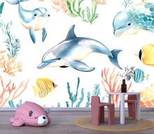 Load image into Gallery viewer, Dolphin Ocean Nursery Wallpaper, Underwater Sea Life Wall Mural, Peel and Stick Baby Room Decor, Kids Playroom Aquarium Theme, Modern