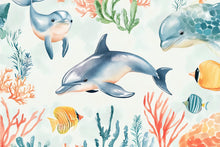 Load image into Gallery viewer, Dolphin Ocean Nursery Wallpaper, Underwater Sea Life Wall Mural, Peel and Stick Baby Room Decor, Kids Playroom Aquarium Theme, Modern