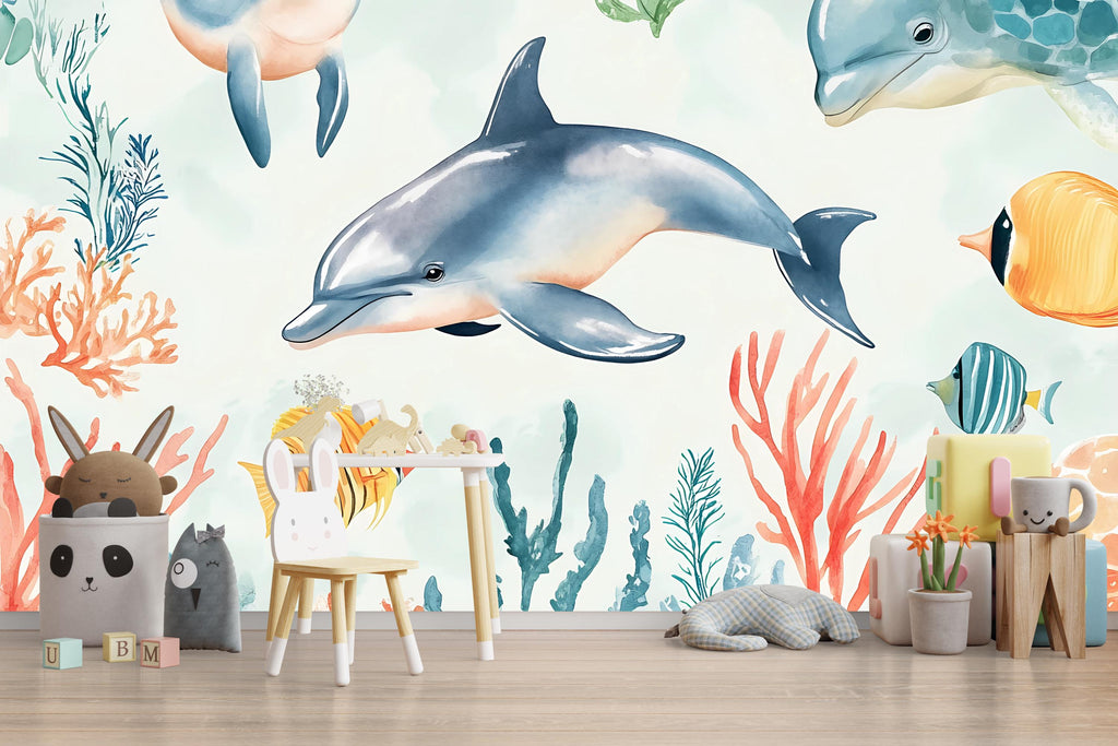 Dolphin Ocean Nursery Wallpaper, Underwater Sea Life Wall Mural, Peel and Stick Baby Room Decor, Kids Playroom Aquarium Theme, Modern