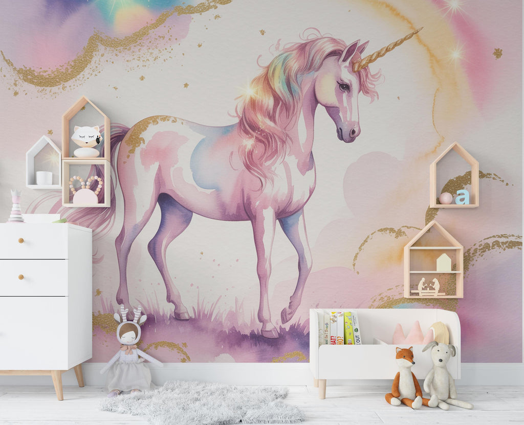 Unicorn Flower Watercolor Wall Graphics Peel and Stick Girl room Wallpaper Nursery Self Adhesive Rainbow nursery decor Mural 900RS