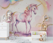 Load image into Gallery viewer, Unicorn Flower Watercolor Wall Graphics Peel and Stick Girl room Wallpaper Nursery Self Adhesive Rainbow nursery decor Mural 900RS