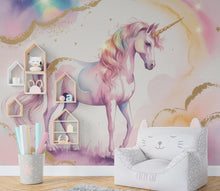 Load image into Gallery viewer, Unicorn Flower Watercolor Wall Graphics Peel and Stick Girl room Wallpaper Nursery Self Adhesive Rainbow nursery decor Mural 900RS