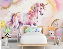 Load image into Gallery viewer, Unicorn Flower Watercolor Wall Graphics Peel and Stick Girl room Wallpaper Nursery Self Adhesive Rainbow nursery decor Mural 900RS
