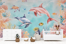 Load image into Gallery viewer, 3D Dolphin Ocean Wallpaper for Kids Room – Underwater Sea Life Wall Mural with Coral Reef, Fish, Turtle – Stylish Bold Nursery Wall Decor