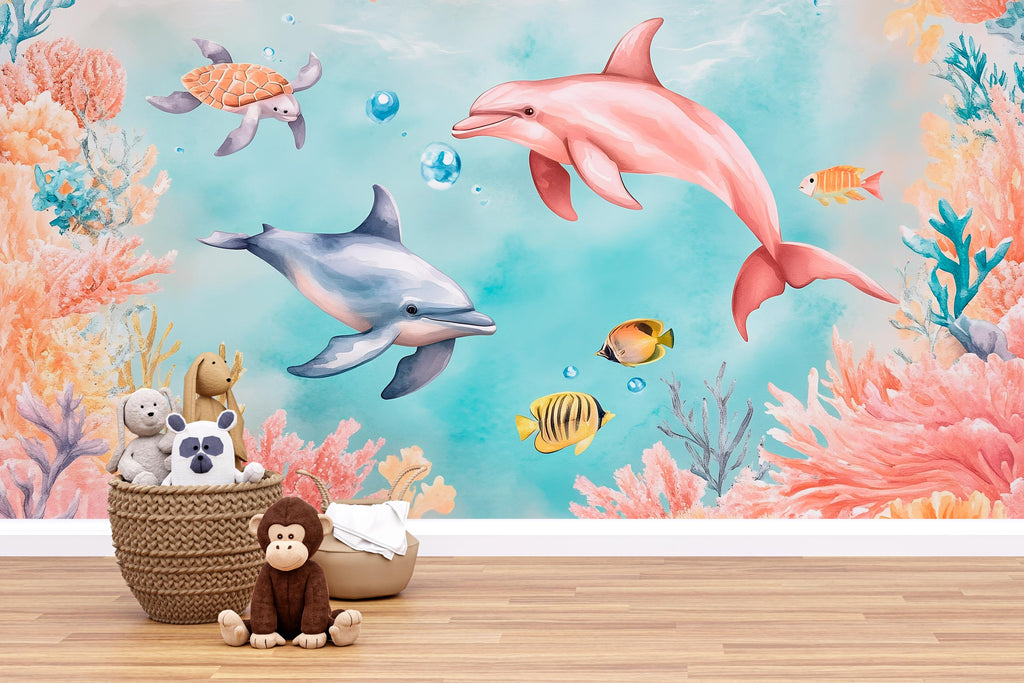 3D Dolphin Ocean Wallpaper for Kids Room – Underwater Sea Life Wall Mural with Coral Reef, Fish, Turtle – Stylish Bold Nursery Wall Decor
