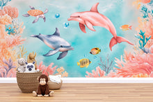 Load image into Gallery viewer, 3D Dolphin Ocean Wallpaper for Kids Room – Underwater Sea Life Wall Mural with Coral Reef, Fish, Turtle – Stylish Bold Nursery Wall Decor