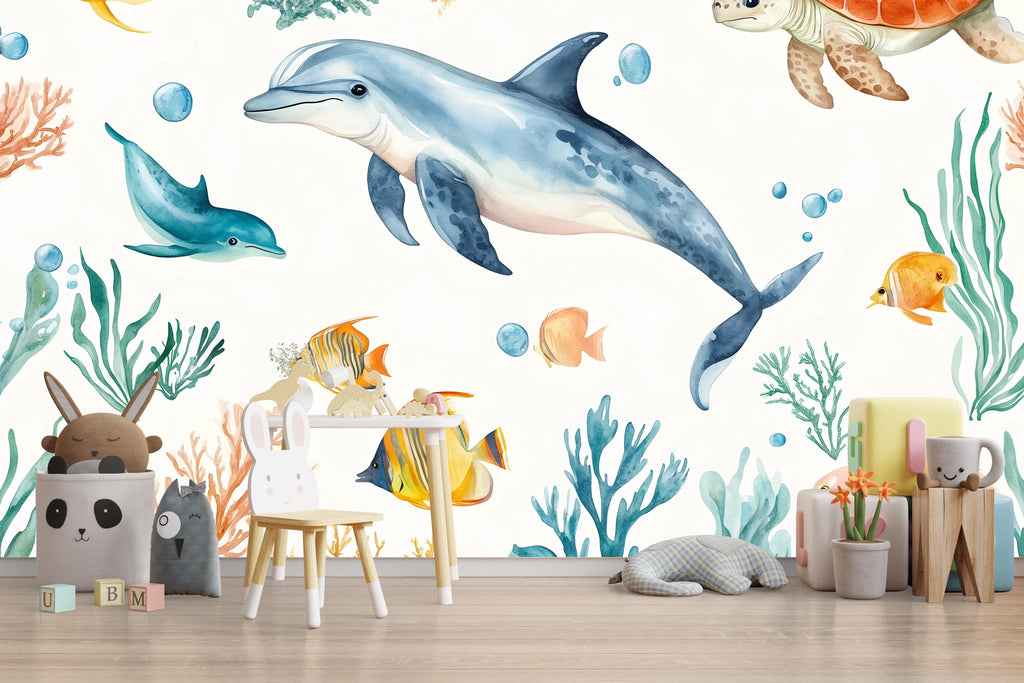 3D Dolphin Ocean Wallpaper for Kids Nursery – Sea Turtle & Tropical Fish Wall Mural – Underwater Playroom Decor Bold Stylish Gift Idea