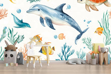 Load image into Gallery viewer, 3D Dolphin Ocean Wallpaper for Kids Nursery – Sea Turtle &amp; Tropical Fish Wall Mural – Underwater Playroom Decor Bold Stylish Gift Idea