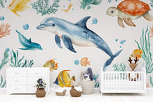 Load image into Gallery viewer, 3D Dolphin Ocean Wallpaper for Kids Nursery – Sea Turtle &amp; Tropical Fish Wall Mural – Underwater Playroom Decor Bold Stylish Gift Idea