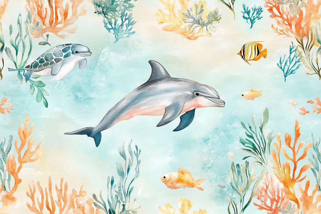 3D Dolphin Ocean Wallpaper for Kids Nursery – Underwater Sea Life Mural with Tropical Fish – Stylish Playroom Wall Decor Gift Idea