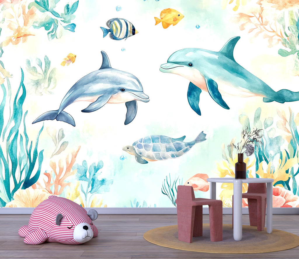 Ocean Dolphin Turtle Nursery Wallpaper, 3D Underwater Sea Life Wall Mural, Kids Bedroom Wall Decor, Baby Room Peel and Stick Modern Stylish