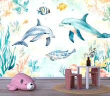 Load image into Gallery viewer, Ocean Dolphin Turtle Nursery Wallpaper, 3D Underwater Sea Life Wall Mural, Kids Bedroom Wall Decor, Baby Room Peel and Stick Modern Stylish