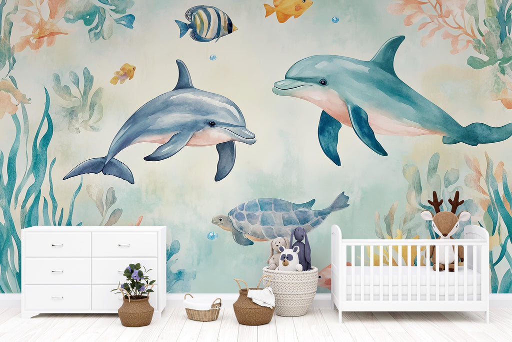 Ocean Dolphin Turtle Nursery Wallpaper, 3D Underwater Sea Life Wall Mural, Kids Bedroom Wall Decor, Baby Room Peel and Stick Modern Stylish
