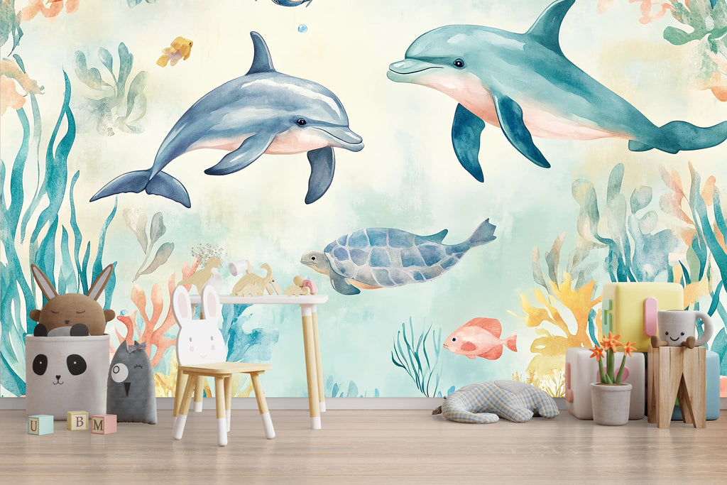 Ocean Dolphin Turtle Nursery Wallpaper, 3D Underwater Sea Life Wall Mural, Kids Bedroom Wall Decor, Baby Room Peel and Stick Modern Stylish