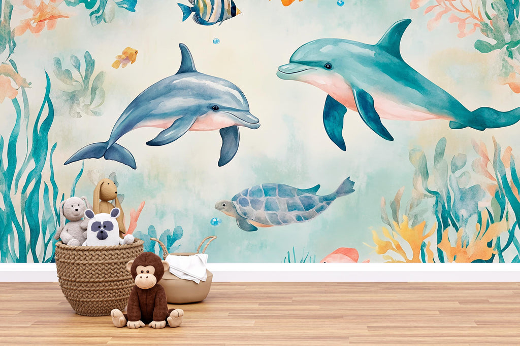 Ocean Dolphin Turtle Nursery Wallpaper, 3D Underwater Sea Life Wall Mural, Kids Bedroom Wall Decor, Baby Room Peel and Stick Modern Stylish