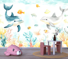 Load image into Gallery viewer, Dolphin Nursery Wallpaper Mural | 3D Ocean Wall Decor With Coral Reef &amp; Fish | Peel And Stick Kids Room Wallpaper | Stylish Baby Shower Gift