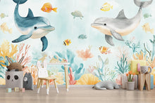Load image into Gallery viewer, Dolphin Nursery Wallpaper Mural | 3D Ocean Wall Decor With Coral Reef &amp; Fish | Peel And Stick Kids Room Wallpaper | Stylish Baby Shower Gift