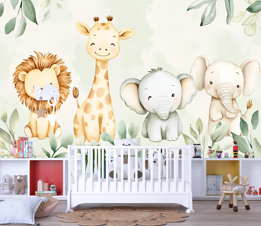 Safari Animal Wallpaper For Nursery – Cute Lion Giraffe Elephant Wall Mural – Jungle Themed Kids Room Decor – Peel And Stick 3D Stylish