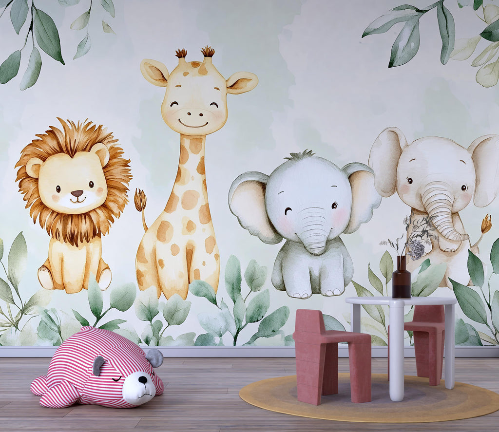 Safari Animal Wallpaper For Nursery – Cute Lion Giraffe Elephant Wall Mural – Jungle Themed Kids Room Decor – Peel And Stick 3D Stylish