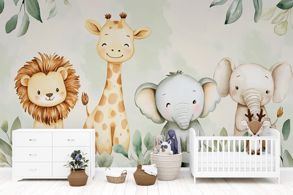 Safari Animal Wallpaper For Nursery – Cute Lion Giraffe Elephant Wall Mural – Jungle Themed Kids Room Decor – Peel And Stick 3D Stylish
