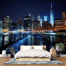 Load image into Gallery viewer, City Skyline Night Wallpaper Mural | Modern 3D Wall Decor | New York Lights Wall Art for Bedroom, Living Room, Office | Peel &amp; Stick Wall
