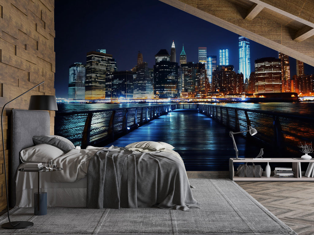 City Skyline Night Wallpaper Mural | Modern 3D Wall Decor | New York Lights Wall Art for Bedroom, Living Room, Office | Peel & Stick Wall