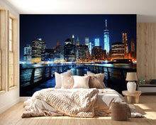 Load image into Gallery viewer, City Skyline Night Wallpaper Mural | Modern 3D Wall Decor | New York Lights Wall Art for Bedroom, Living Room, Office | Peel &amp; Stick Wall