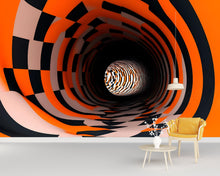 Load image into Gallery viewer, 3D Optical Illusion Tunnel Wallpaper – Trippy Black Orange Checkered Wall Mural for Modern Living Room, Bedroom, Lounge, Bold Stylish Wall