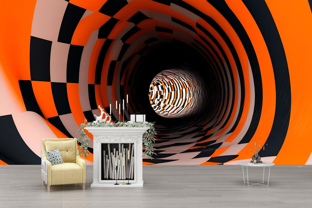3D Optical Illusion Tunnel Wallpaper – Trippy Black Orange Checkered Wall Mural for Modern Living Room, Bedroom, Lounge, Bold Stylish Wall