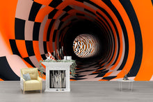 Load image into Gallery viewer, 3D Optical Illusion Tunnel Wallpaper – Trippy Black Orange Checkered Wall Mural for Modern Living Room, Bedroom, Lounge, Bold Stylish Wall