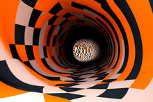 Load image into Gallery viewer, 3D Optical Illusion Tunnel Wallpaper – Trippy Black Orange Checkered Wall Mural for Modern Living Room, Bedroom, Lounge, Bold Stylish Wall