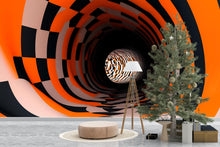 Load image into Gallery viewer, 3D Optical Illusion Tunnel Wallpaper – Trippy Black Orange Checkered Wall Mural for Modern Living Room, Bedroom, Lounge, Bold Stylish Wall