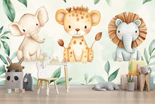 Load image into Gallery viewer, Safari Jungle Wallpaper For Nursery – Cute Elephant Leopard Lion Mural – 3D Peel And Stick Stylish Wall Decor – Modern Bold Kids Room