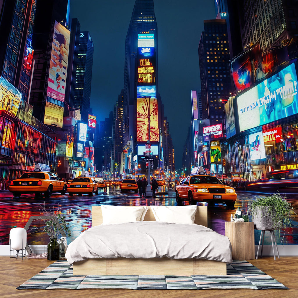 Times Square Wallpaper 3D City Lights Wall Mural | Modern Bold New York Cityscape Wall Decor | Stylish Bedroom Living Room Gift