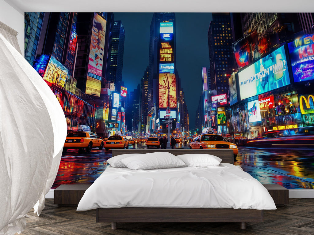 Times Square Wallpaper 3D City Lights Wall Mural | Modern Bold New York Cityscape Wall Decor | Stylish Bedroom Living Room Gift