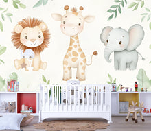 Load image into Gallery viewer, Safari Jungle Wallpaper For Nursery – Cute Lion Giraffe Elephant Wall Mural – Peel And Stick 3D Kids Room Decor – Stylish Bold Baby Shower