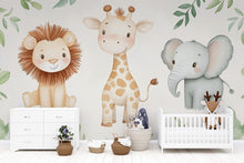 Load image into Gallery viewer, Safari Jungle Wallpaper For Nursery – Cute Lion Giraffe Elephant Wall Mural – Peel And Stick 3D Kids Room Decor – Stylish Bold Baby Shower