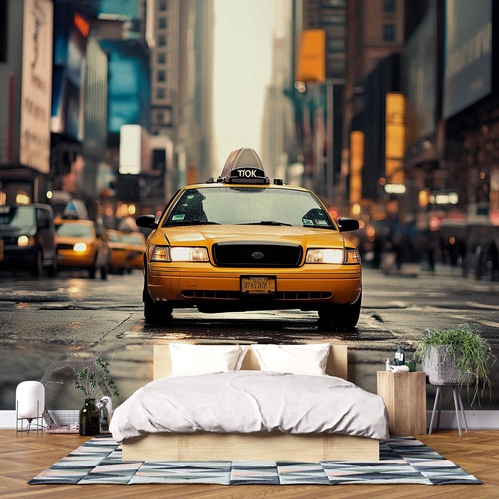 New York City Taxi Wall Mural Wallpaper – 3D Effect Yellow Cab Street Scene Wall Decor – Modern Bold Room Accent Stylish Gift for Urban