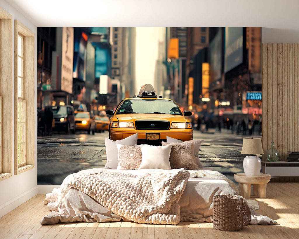 New York City Taxi Wall Mural Wallpaper – 3D Effect Yellow Cab Street Scene Wall Decor – Modern Bold Room Accent Stylish Gift for Urban