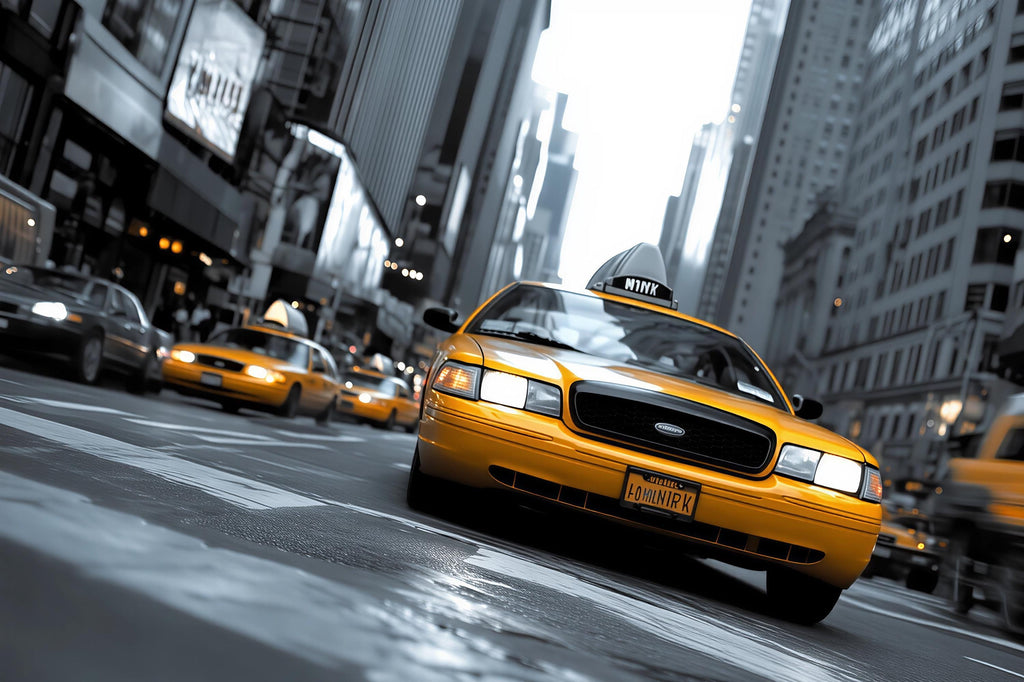 NYC Taxi Wall Mural Wallpaper – 3D Yellow Cab Times Square Street Art, Bold City Skyline Bedroom Decor, Modern Stylish New York Wall Mural