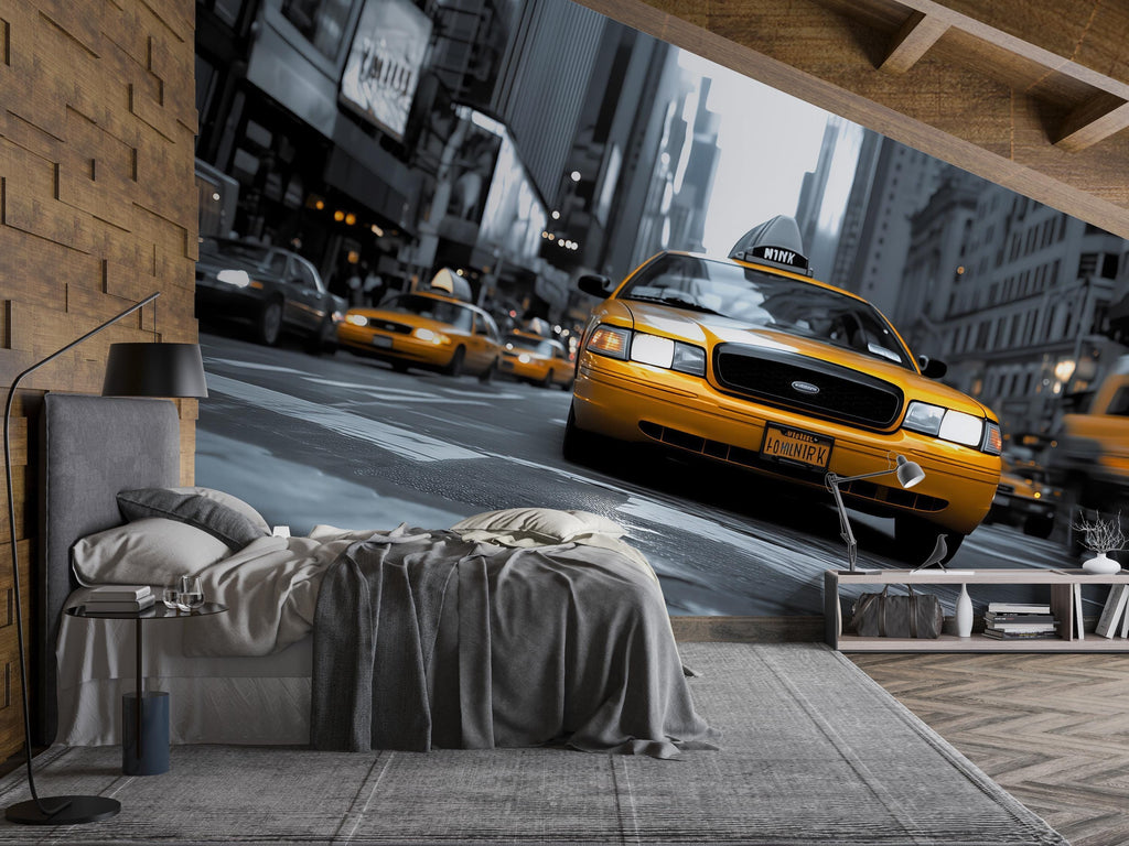 NYC Taxi Wall Mural Wallpaper – 3D Yellow Cab Times Square Street Art, Bold City Skyline Bedroom Decor, Modern Stylish New York Wall Mural
