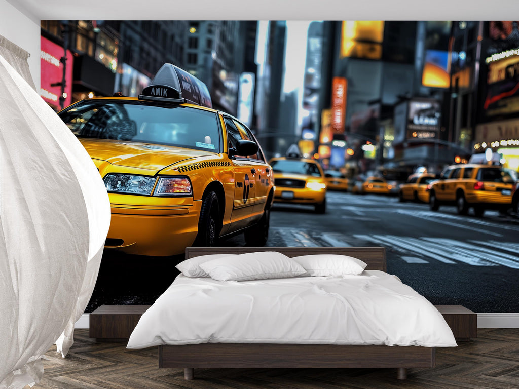 New York Taxi Cityscape 3D Wallpaper – Modern Bold Wall Mural NYC Yellow Cab Street Scene – Stylish Urban Wall Decor for Bedroom, Office